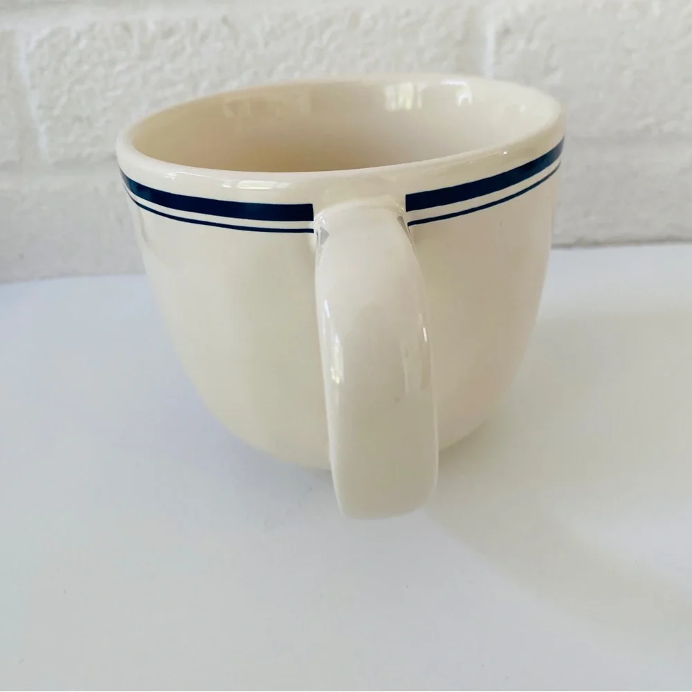 RAE DUNN Mug TEA Indigo Blue Stripe Oversized Stoneware Script Letters
